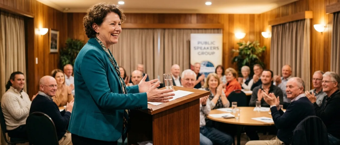 A speaker at a lectern mid-sentence, her club applauding from tables around a warm, wood-panelled room.